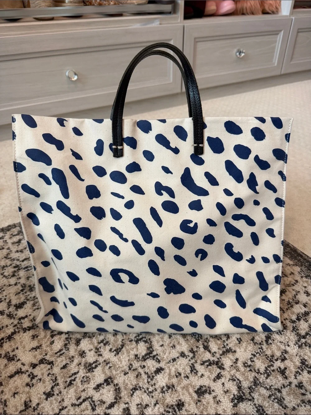 Clare V. Canvas Spot Tote with Navy Spots and Black Handles